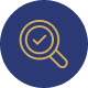 Outline of a magnifying glass containing a checkmark symbol, centered within a dark blue circular background.