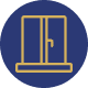 Icon of a closed sliding window with two glass panels and handles, set against a dark blue circular background.