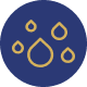 Blue circle with six gold water droplets of varying sizes arranged in a scattered pattern inside.